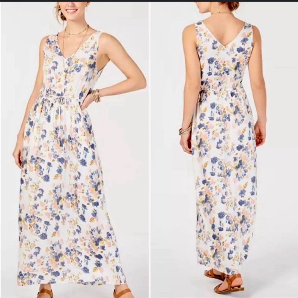 Lucky Brand White Floral Maxi Dress with Blue and Peach Flowers